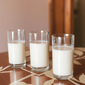 3 glasses of milk on the kitchen table